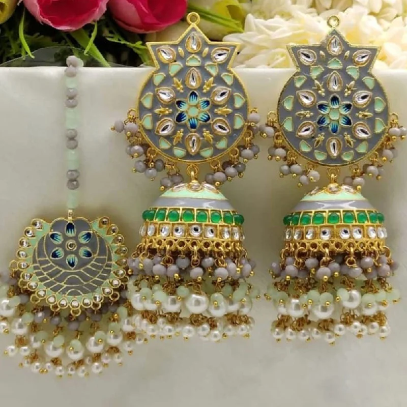 women delicate earrings -Akruti Collection Gold Plated Kundan Stone And Pearls Meenakari Earrings With Maangtikka