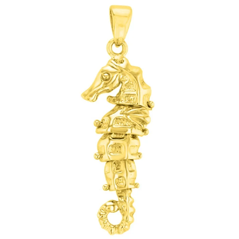 women tassel necklaces -Solid 14K Gold Dangling Seahorse Pendant - Yellow Gold