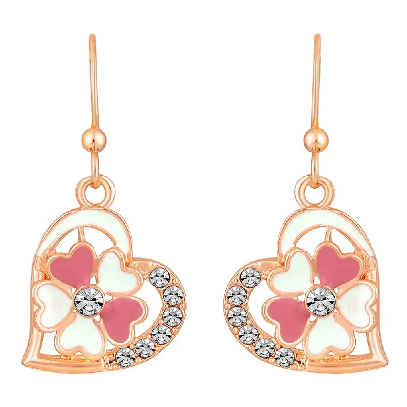 women sterling silver earrings -Mahi Rose Gold Plated Pink and Green Meenakari Work and Crystals Floral Heart Earrings for Women (ER1109855Gre)