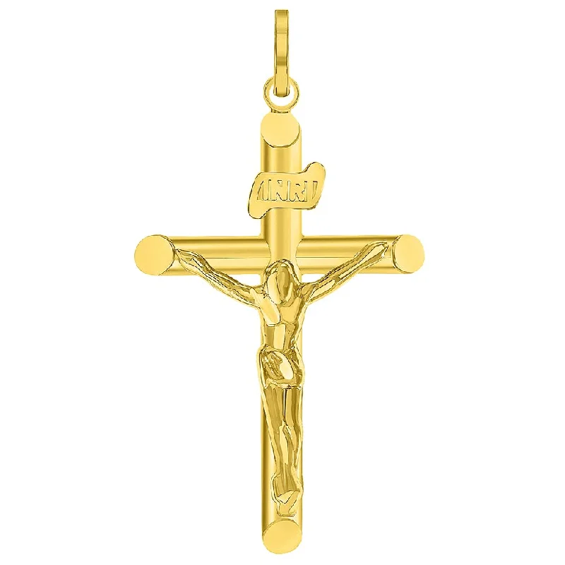 women minimalist pendant necklaces -14k Yellow Gold INRI Tubular Cross Charm Traditional Roman Catholic Crucifix Pendant