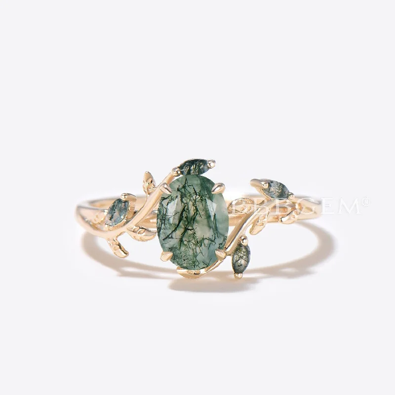 women rose gold engagement rings -14K Gold Leaf Oval Natural Moss Agate Engagement Ring Branch Vine Ring