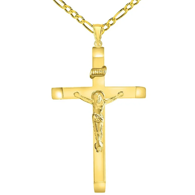 women matching necklaces -14k Yellow Gold 4mm Thick INRI Tubular Large Crucifix Slanted-Edge Cross Pendant with Figaro Chain Necklace