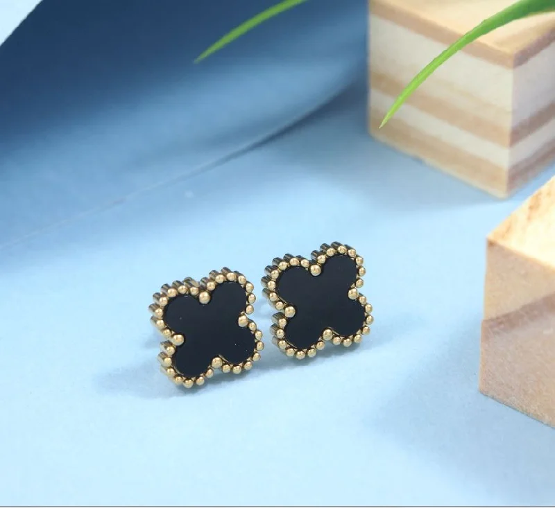 women hoop and stud earrings -Tarohi JewelsStainless Steel Anti Tarnish Black and White Clover Stud Earrings - STNER 5338