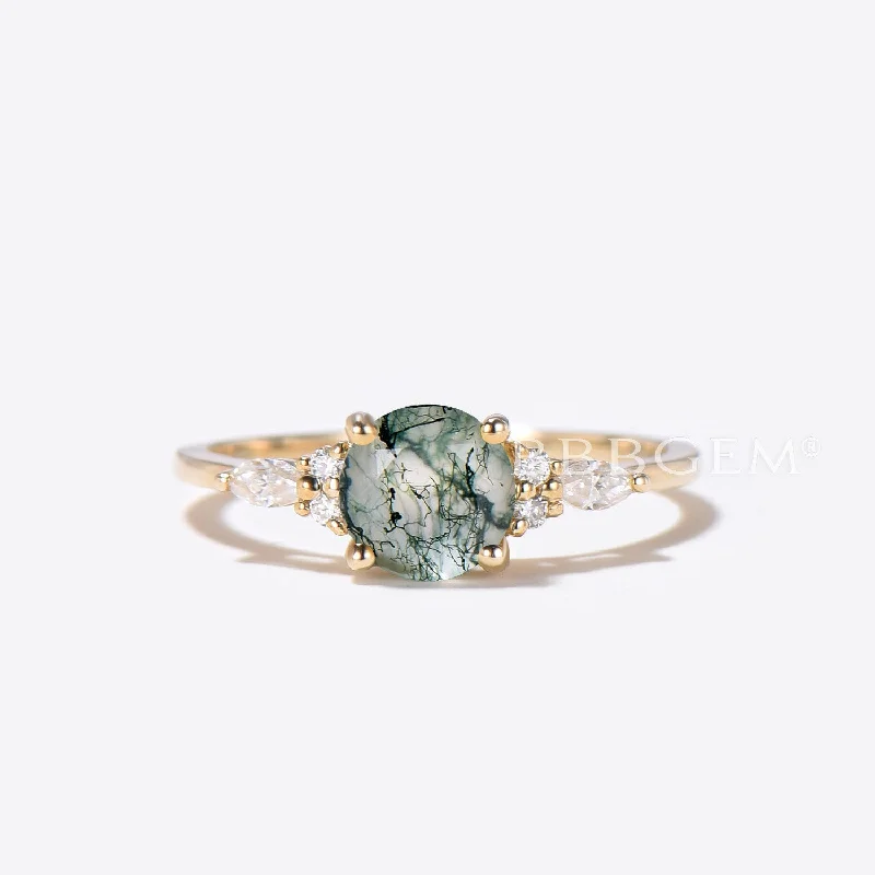 women elegant engagement rings -1.2ct Round Natural Moss Agate Engagament Ring Solid 14K Gold Diamond Ring