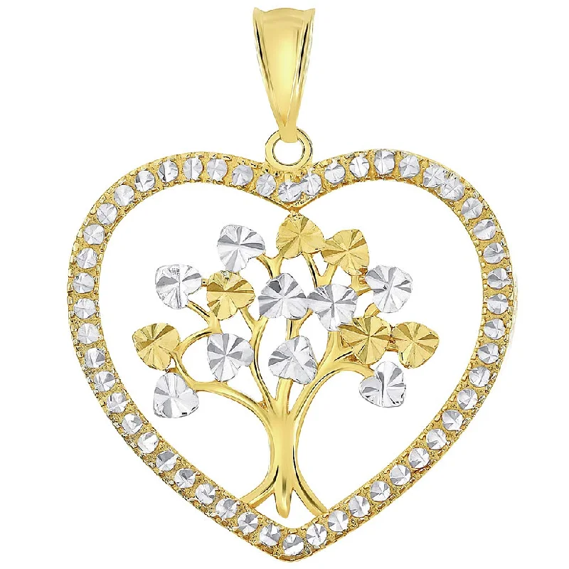 women star pendant necklaces -14k Yellow Gold Textured Two Tone Tree of Life Inside Heart Pendant