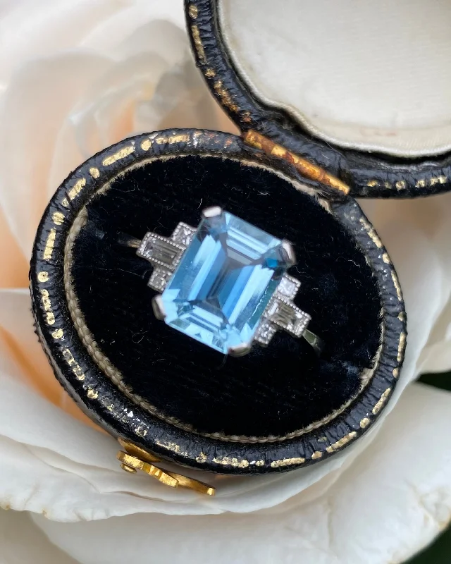 women art deco rings -Art Deco Aquamarine and Diamond Platinum Ring 0.15ct + 1.75ct