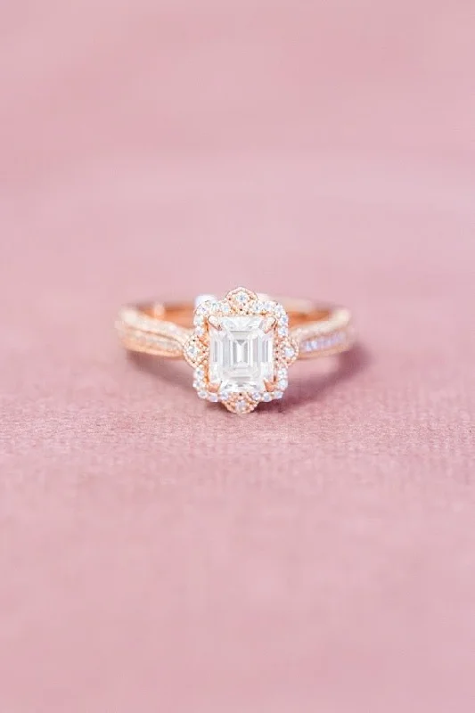 women bold rings -Emerald Cut Natural Diamond Halo Designer Engagement Ring