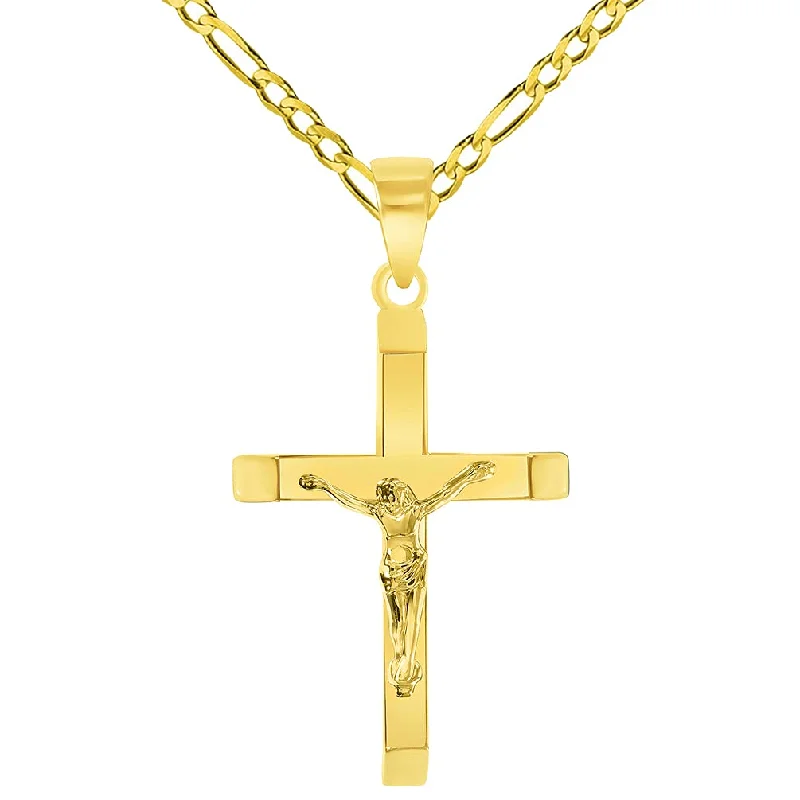 women diamond pendant necklaces -14k Yellow Gold 3D Catholic Christian Crucifix Slanted-Edge Cross Pendant with Figaro Chain Necklace