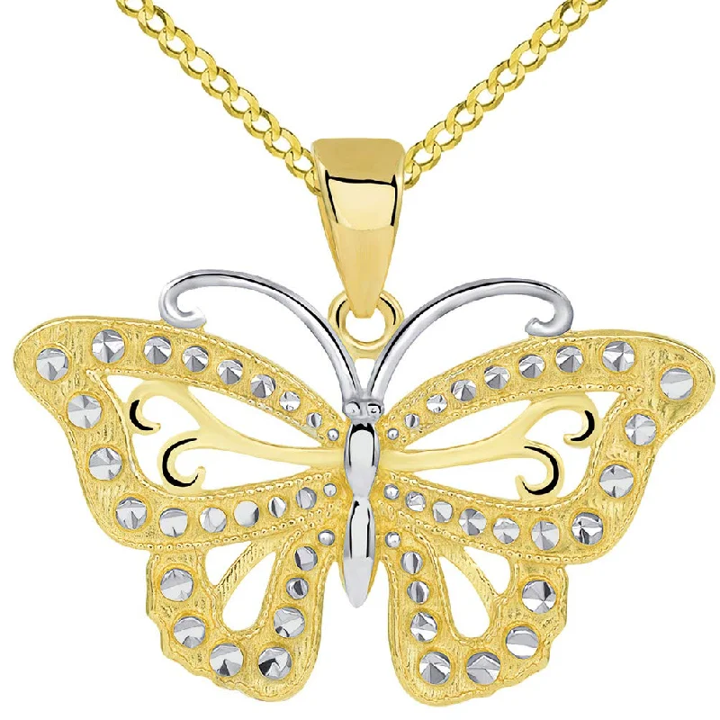 women gemstone pendant necklaces -14k Solid Gold Budded Butterfly Pendant with Cuban Necklace - Yellow Gold