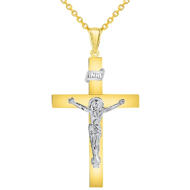 women infinity necklaces -14k Two-Tone Gold 4mm Thick INRI Tubular Cross Roman Catholic Crucifix Pendant Necklace