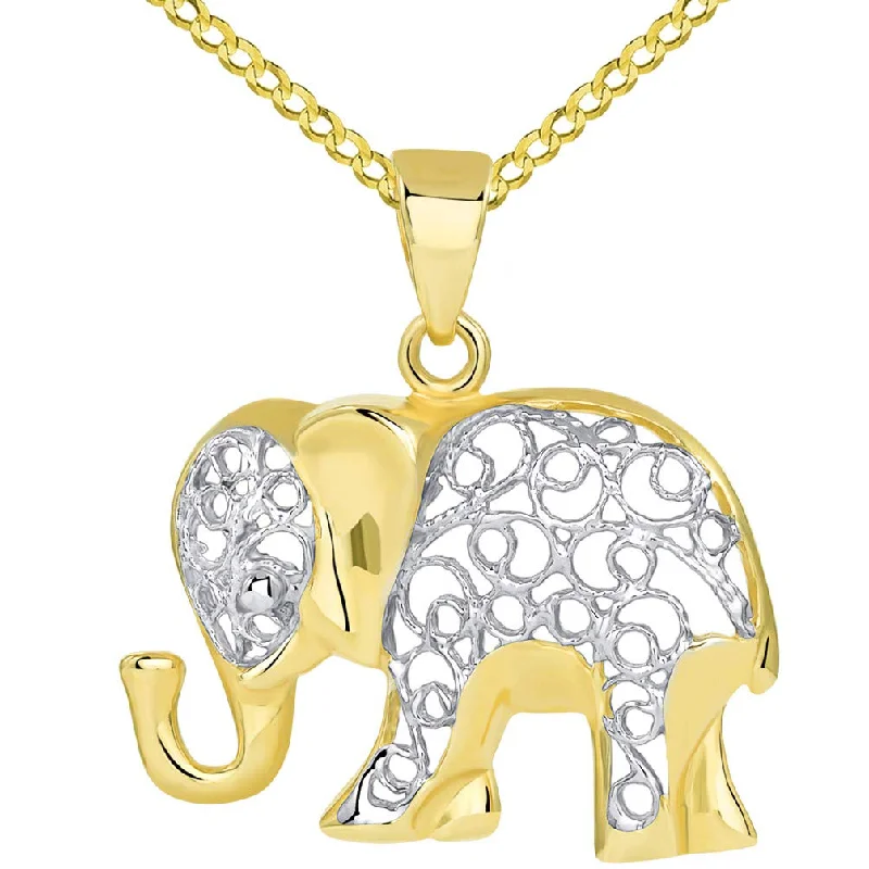 women diamond pendant necklaces -14k Gold Elegant Filigree Two Tone Elephant Pendant with Cuban Chain Necklace - Yellow Gold