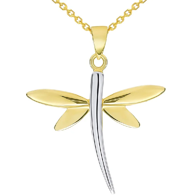 women antique necklaces -14k Yellow Gold High Polished Two-Tone Dragonfly Pendant with Cable, Curb, or Figaro Chain Necklaces