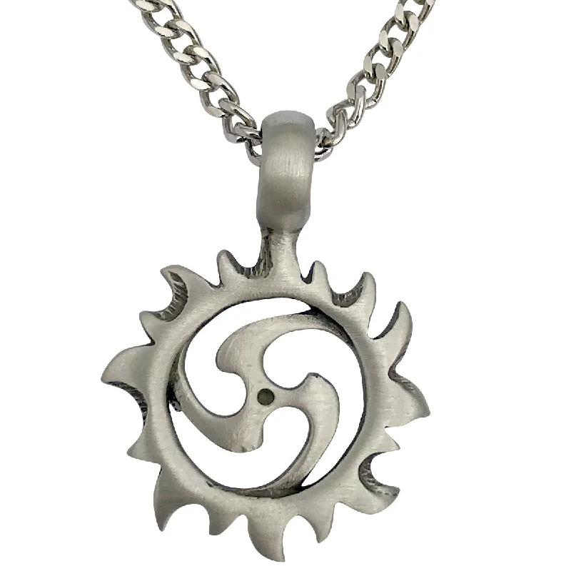 women casual necklaces -Pewter Tribal Sun Spiral Pendant with Extra Large Bail, on Men's Heavy Curb Chain Necklace, 24"