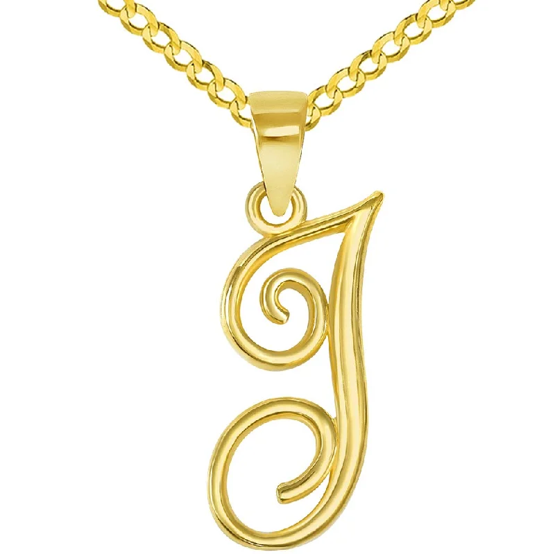 women turquoise necklaces -14k Yellow Gold Elegant Script Letter J Cursive Initial Pendant with Concave Cuban Link Curb Chain Necklace