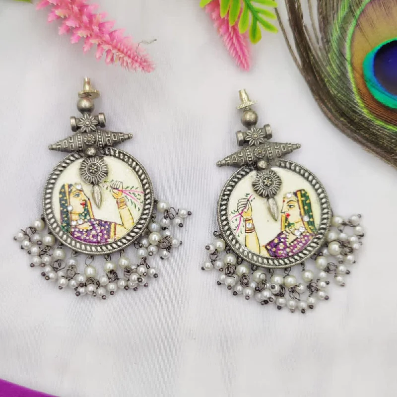 women pearl earrings -Fancyla Oxidised Plated Queen Style Pearls Dangler Earrings