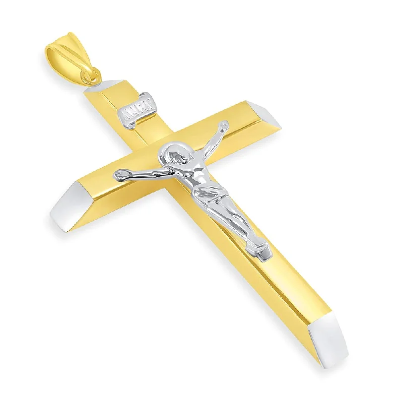 women gemstone drop pendant necklaces -14k Two-Tone Gold 4mm Thick INRI Tubular Large Crucifix Slanted-Edge Cross Pendant