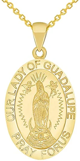 women rope necklaces -Solid 14k Yellow Gold Our Lady Of Guadalupe Pray For Us Miraculous Medal Pendant Necklace with Cable, Curb, or Figaro Chain