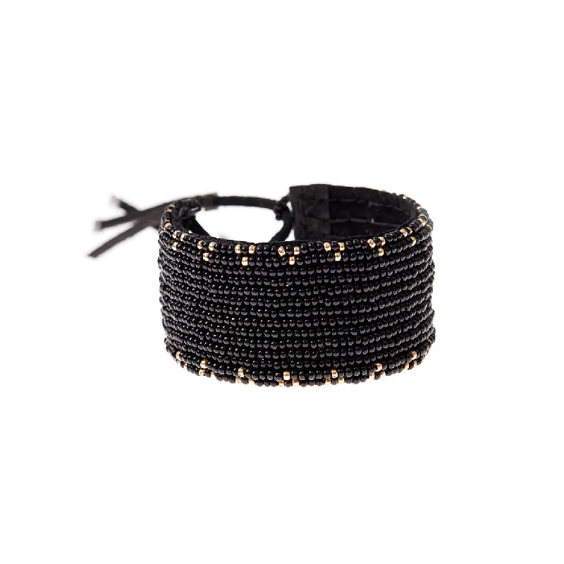 women floral bracelets -Narrow 3 Dot Triangle Leather Bracelet - BLACK