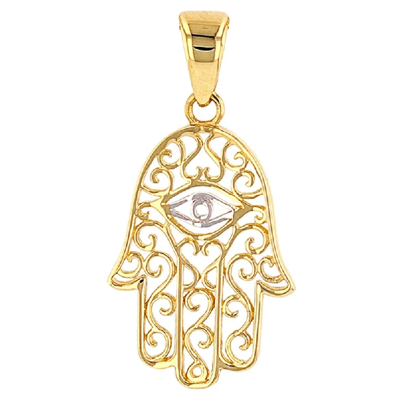 women pearl pendant necklaces -Solid 14K Gold Filigree Hamsa Hand of Fatima with Evil Eye Charm Pendant