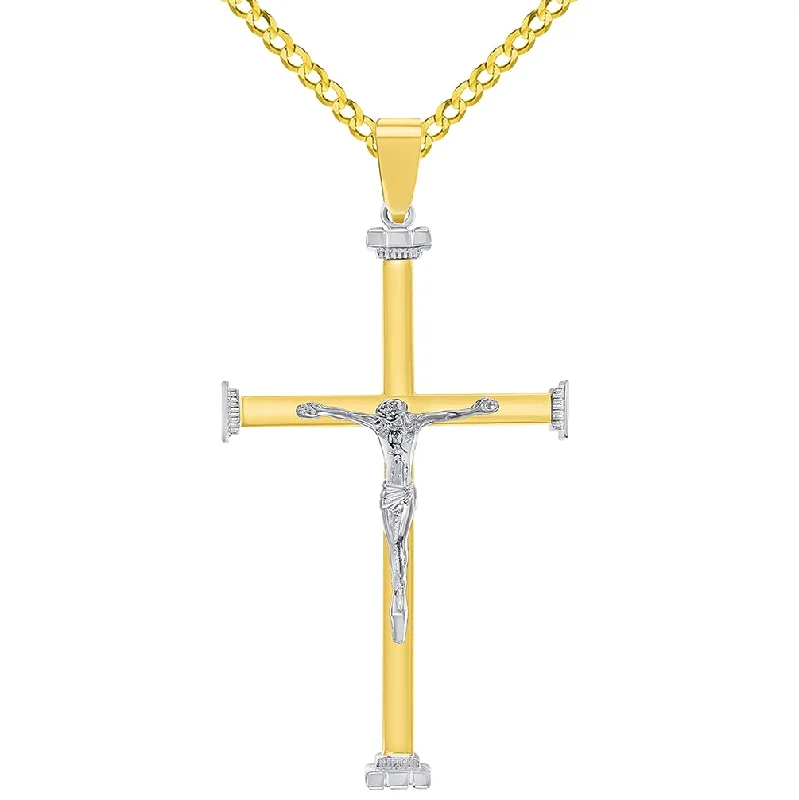 women gold plated necklaces -14k Solid Two-Tone Gold 3D Catholic Christian Crucifix Cross Pendant with Cuban Chain Curb Necklace