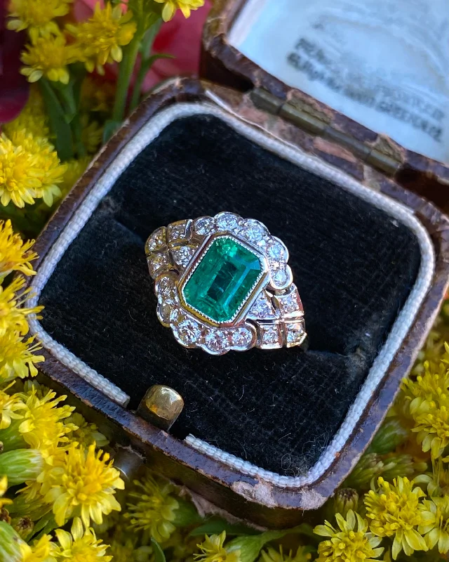 women stackable rings -Edwardian Style Emerald and Diamond Cluster Ring 18ct Yellow Gold 0.60ct + 1.20ct