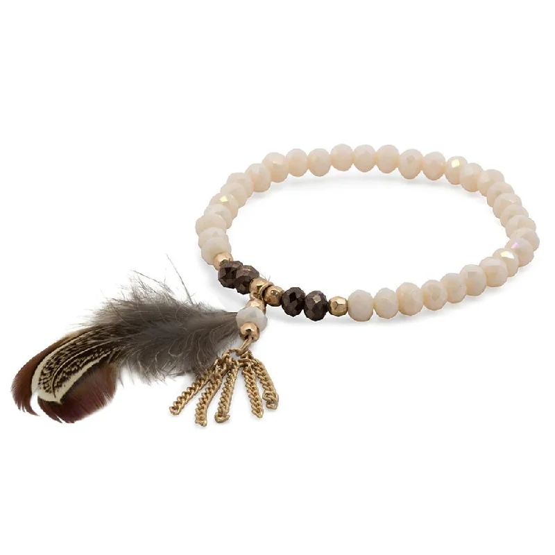 women leather cuff bracelets -Cream Glass Bead Bracelet Feather Pendant Gold Tone