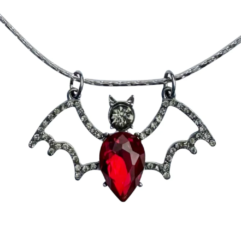 women chic necklaces -Gunmetal Rhinestone Ruby Red Crystal Bat Pendant Necklace - Fully Adjustable