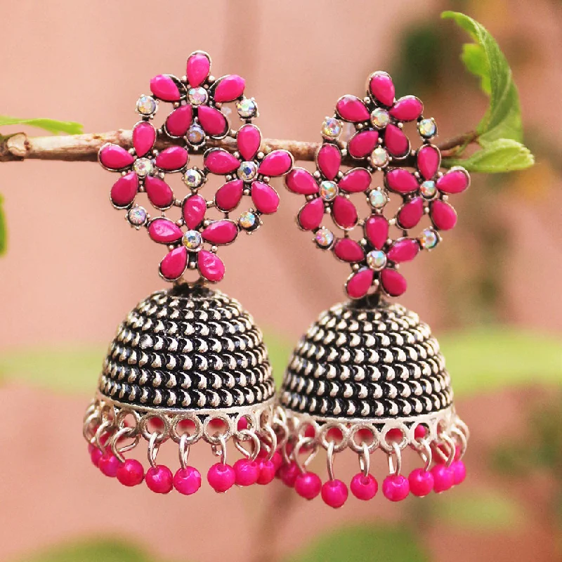 women floral earrings -H K Fashion Oxidised Plated Pota Stone And Beads Jhumki Earrings