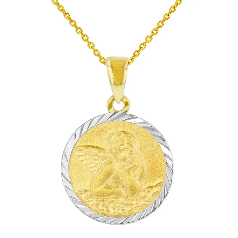 women moon necklaces -Solid 14k Yellow Gold Round Baptism Charm Guardian Angel Medallion Pendant Necklace