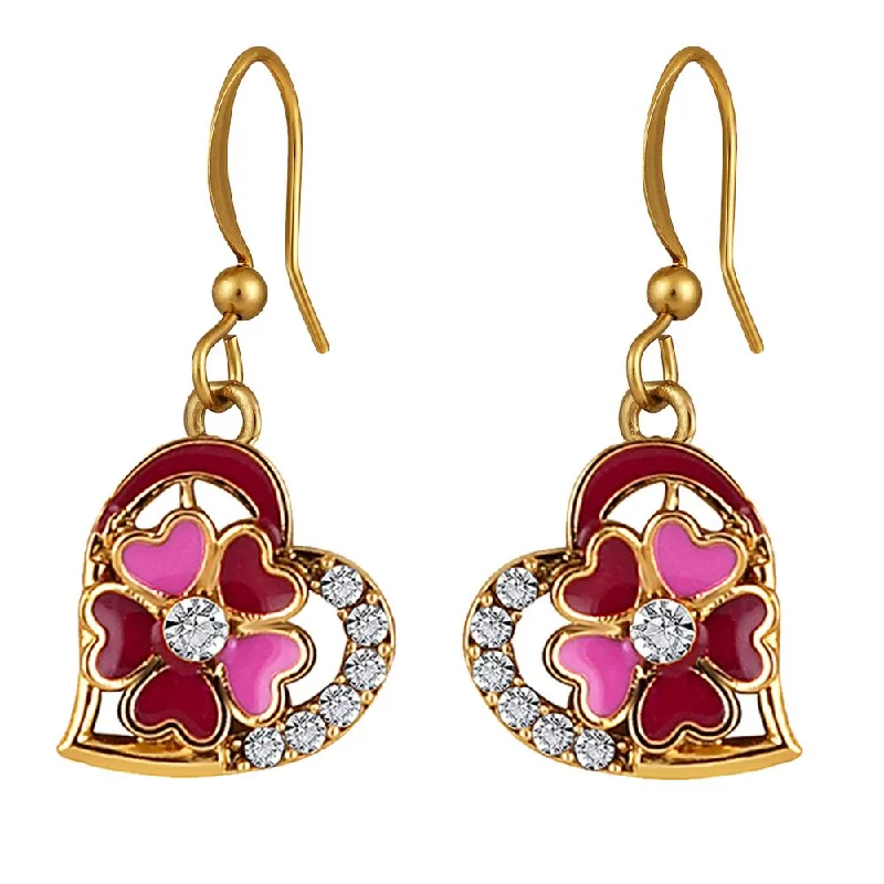 women heart earrings -Mahi Gold Plated Pink and Maroon Meenakari Work and Crystals Floral Heart Earrings for Women (ER1109857GPinMar)