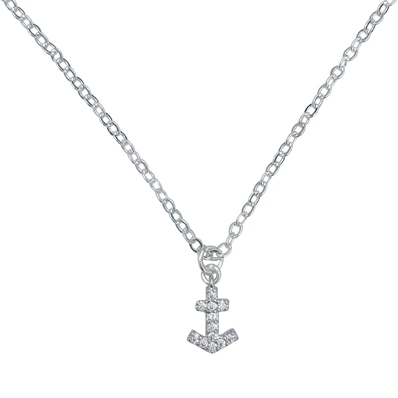 women anniversary necklaces -Silver Finished Petite Mini Anchor Charm with Cubic Zirconia, on 18" Silver Cable Chain Necklace