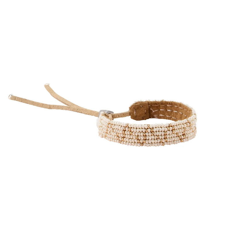 women pearl bangles -Adjustable Leather Zigzag Bracelet - PEARL/GOLD