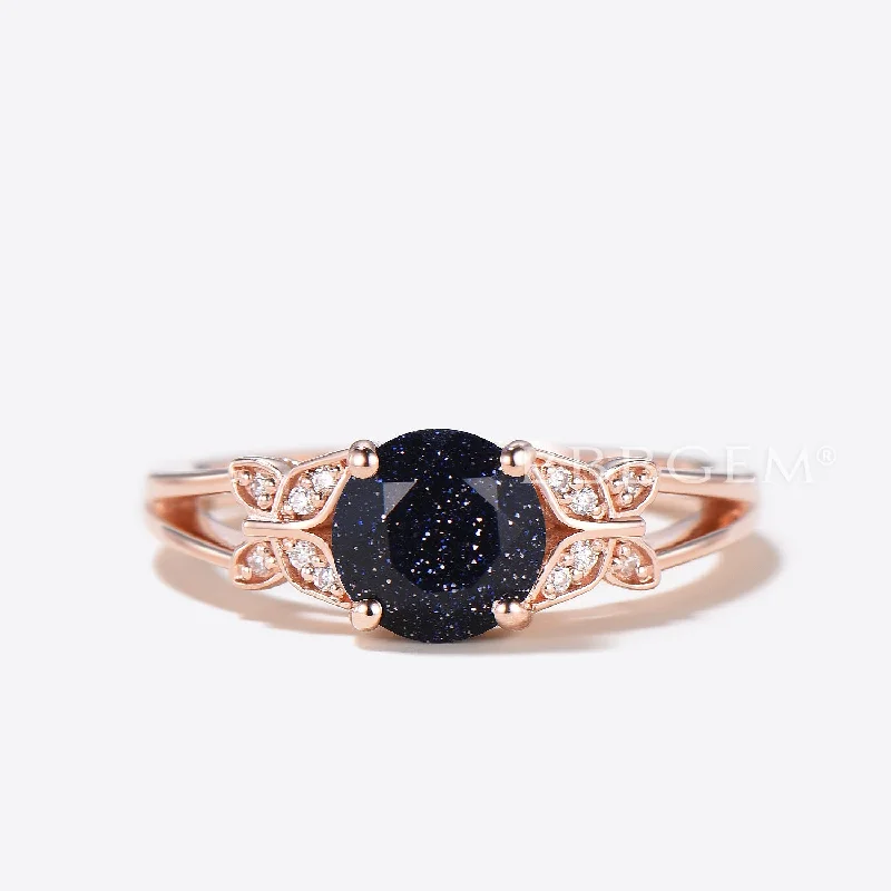 women gold engagement rings -1ct Round Galaxy Blue Sandstone Diamond Split Shank Ring Butterfly Wedding Ring