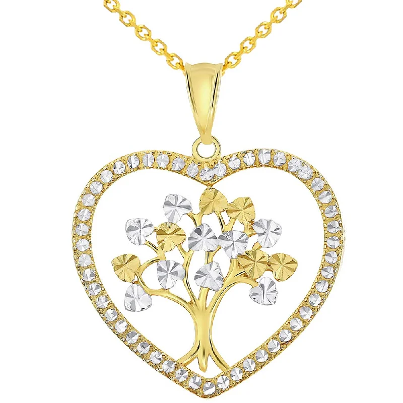 women luxury silver necklaces -14k Yellow Gold Textured Two Tone Tree of Life Inside Heart Pendant Necklace