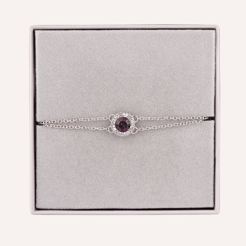 women custom charm bracelets -February Amethyst-Colour Birthstone Clasp Bracelet Cubic Zirconia In Silver-Tone