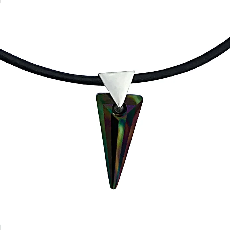 women long pendant necklaces -Reversible Dark Rainbow Swarovski Crystal Spike Pendant Necklace on Sterling Silver Black Leather Cord