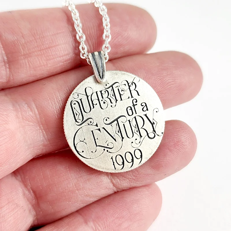 women unique necklaces -Art Deco 90% Silver Quarter of a Century Necklace Pendant - 25th Anniversary Gift