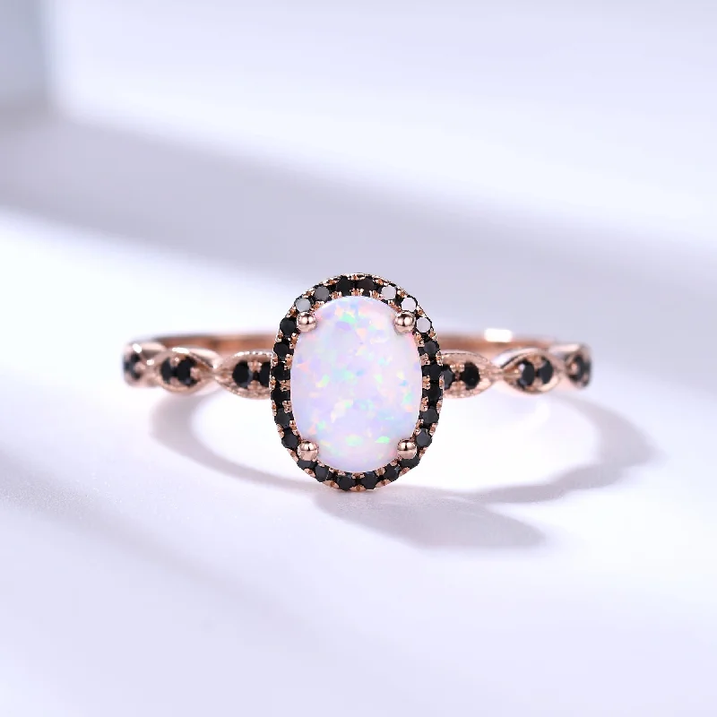 women affordable engagement rings -Unique Opal and Black Diamond Engagement Ring Rose Gold Art Deco Milgrain