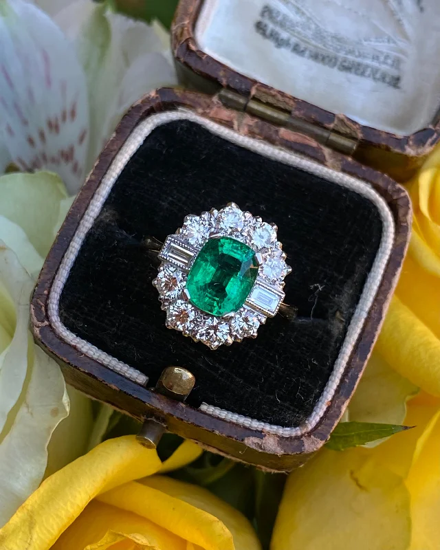 women engagement rings -Art Deco Emerald and Diamond Cluster Ring 18ct Yellow Gold 1.25ct + 1.75ct