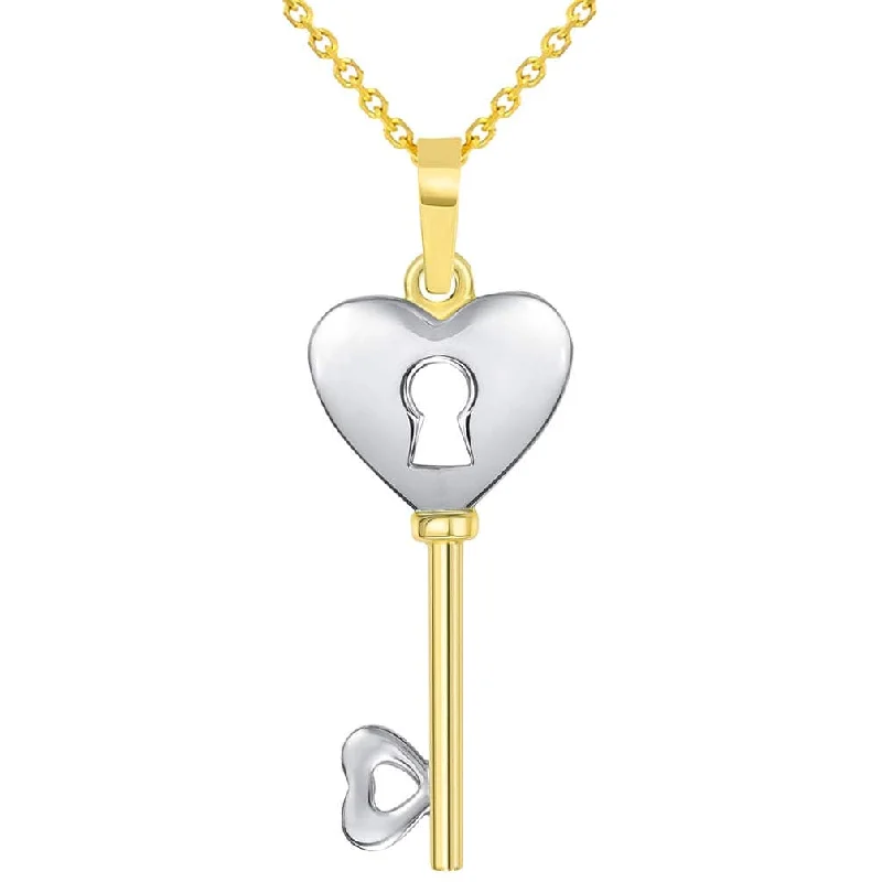 women minimalist necklaces -14k Yellow Gold 3D Two Tone Heart Shaped Love Key Pendant Necklace