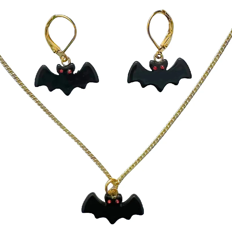 women star-shaped necklaces -Black Bat Charm Red Crystal Eyes Matching Gold Necklace & Earring Set - 18"