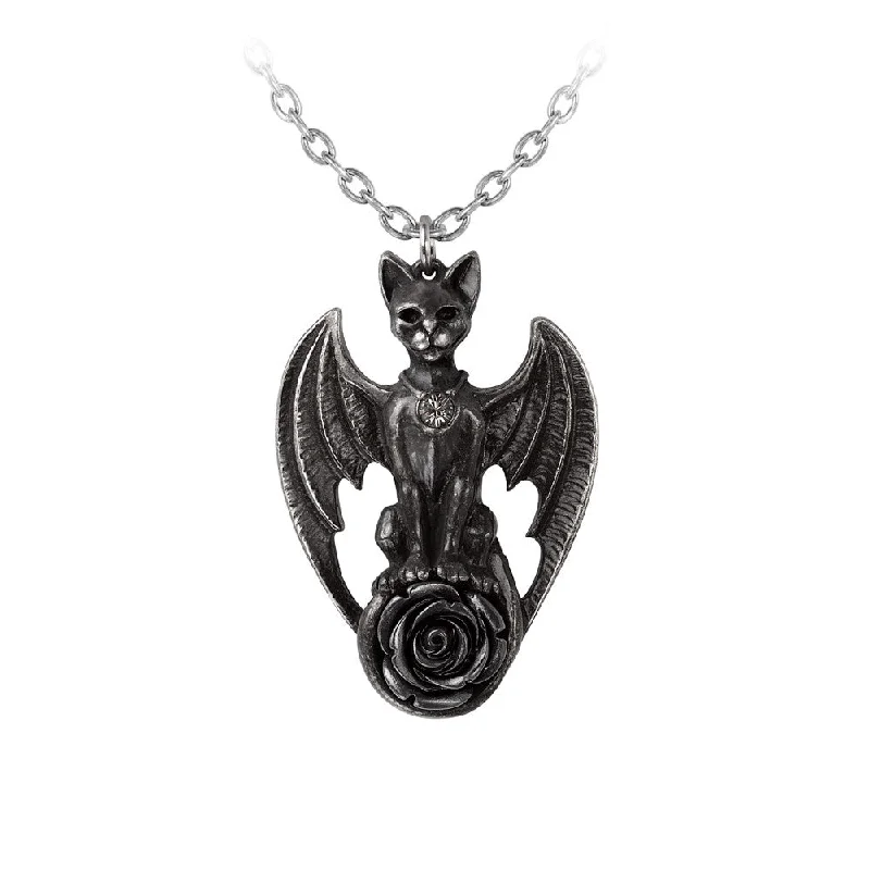 women oversized necklaces -Guardian of Soma Pendant Winged Cat Black Rose Necklace by Alchemy Gothic