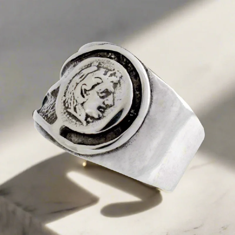 women wedding ring sets -Alexander the Great Portrait Coin Ring in Sterling Silver (DT-110)