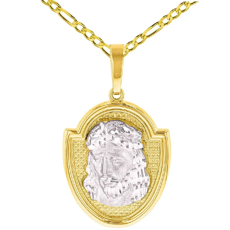 women wedding day necklaces -14K Gold Jesus Christ Medal God Bless Us Pendant with Figaro Chain Necklace - Two Tone Gold