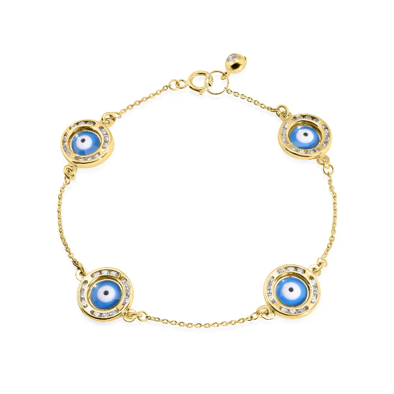 women oval bangles -14B00002. - 14 Karat Yellow Gold 030 Cable Enamel 4 Evil Eye Charm Clear CZ Bracelet