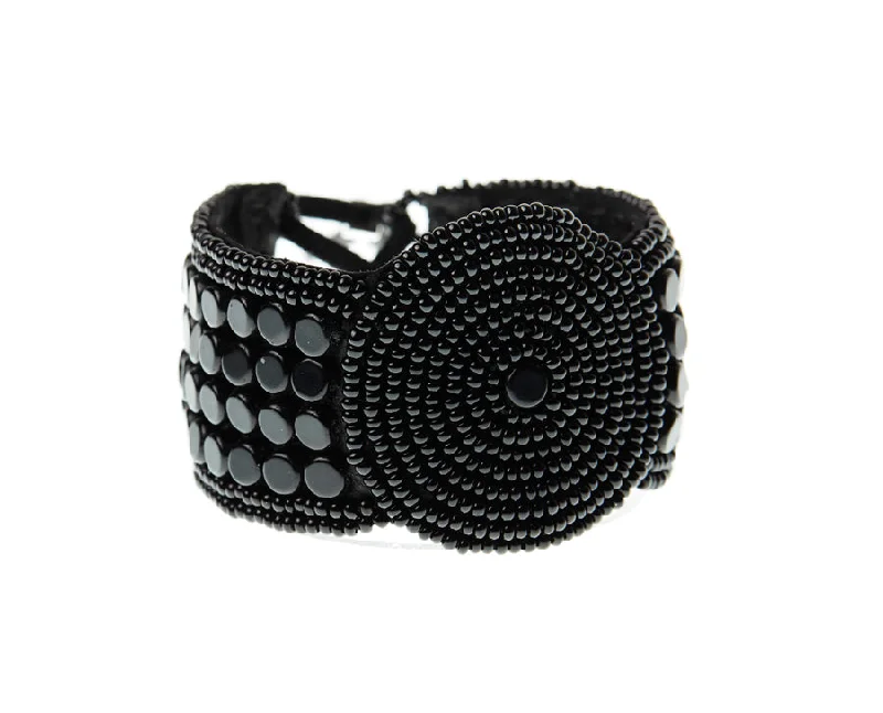 women statement bangles -Leather Bracelet Disk - BLACK