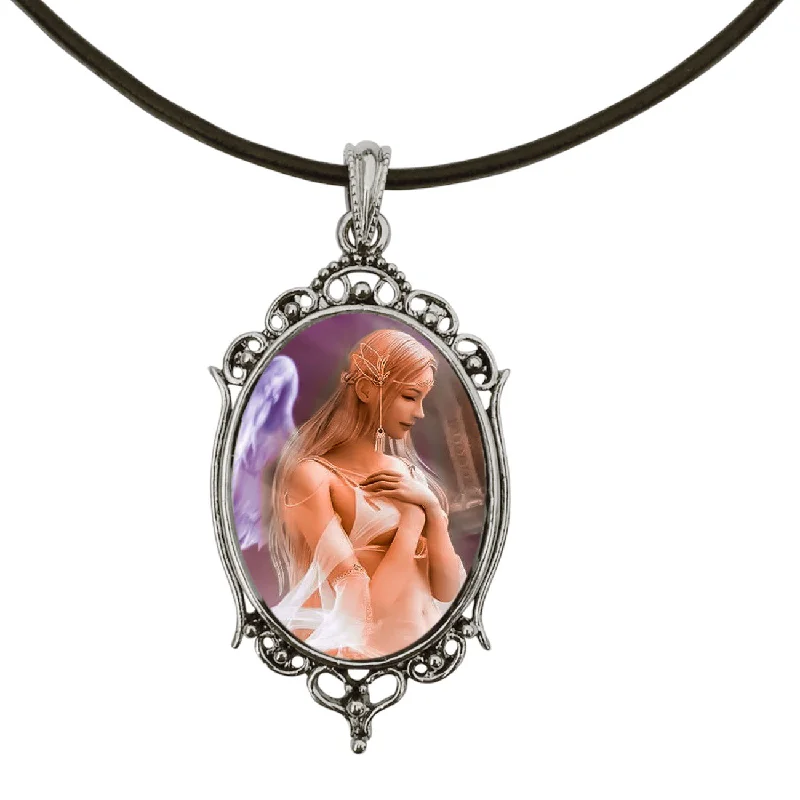 women star pendant necklaces -Angel Antique Silver Cameo Pendant on 18" Black Leather Cord Necklace