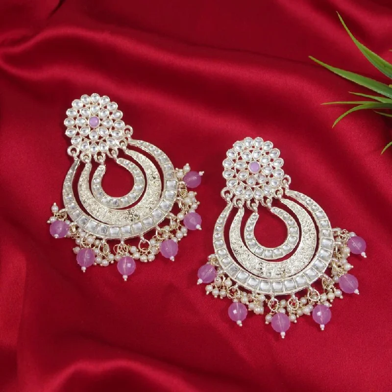 women custom engraved earrings -Etnico Gold Plated Traditional Kundan & Pearl Chandbali Earrings For Women (E2860Pu)