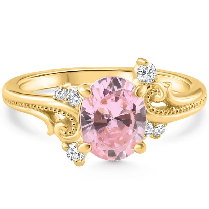 women modern luxury engagement rings -1 3/4Ct Pink Topaz & Diamond Deco Ring Gold Lab Grown