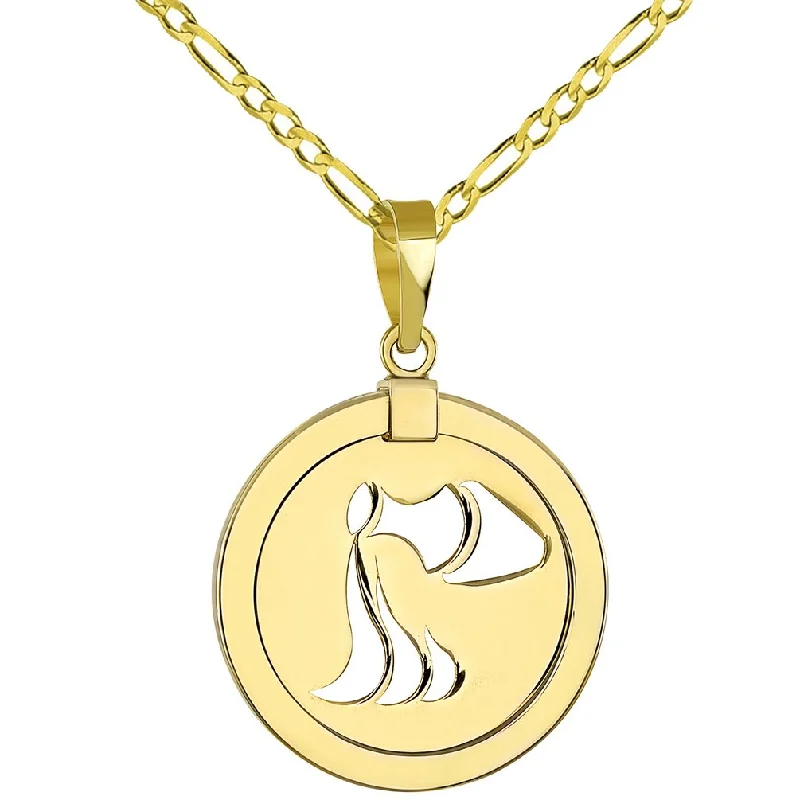 women link necklaces -14K Gold Reversible Round Aquarius Zodiac Sign Pendant with Figaro Chain Necklace - Yellow Gold